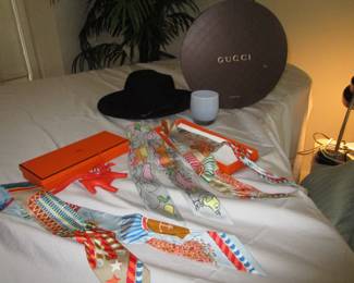 Hermes scarves, Gucci hat and hatbox, glassybaby