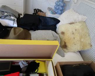 Box of boxes, pillows, shoes