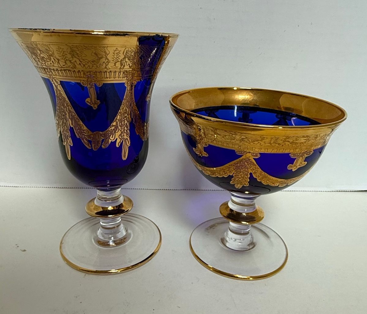 Interglass Italy Cobalt Blue Crystal Goblets with 24K Gilt Decoration