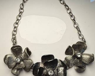 Silver-tone Floral Statement Necklace with Rhinestone Accents