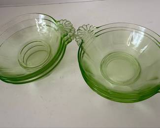 Green Depression Glass Berry Bowls with Floral Handles