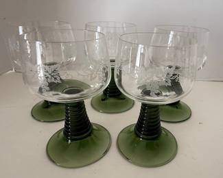 Vintage Roemer Style Green Beehive Stem Wine Glasses with Etched Grapevine Pattern