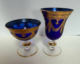 Interglass Italy Cobalt Blue Crystal Goblets with 24K Gilt Decoration