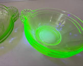 Green Depression Glass Berry Bowls with Floral Handles