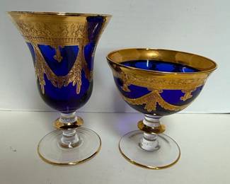 Interglass Italy Cobalt Blue Crystal Goblets with 24K Gilt Decoration