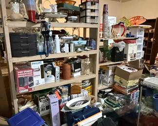 Assorted Garage Items on Wood Shelving