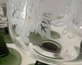 Vintage Roemer Style Green Beehive Stem Wine Glasses with Etched Grapevine Pattern
