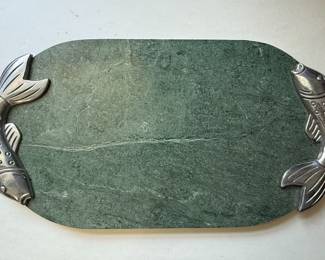 Green Marble Cheese Board with Pewter Fish Handles