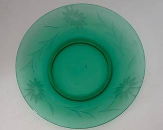 Green Depression Glass Plate with Floral Etching Style