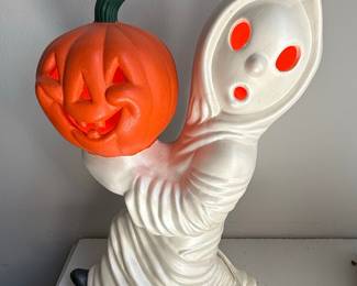 Vintage Ceramic Ghost Holding Pumpkin Lantern Light