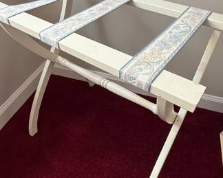 White Contour Leg Luggage Rack with Floral Tapestry Straps