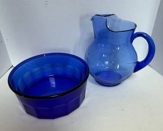 Cobalt Blue Glass Pitcher and Hexagonal Bowl Set