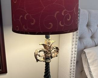 Ornate Hollywood Regency Style Table Lamp with Burgundy Scroll Shade