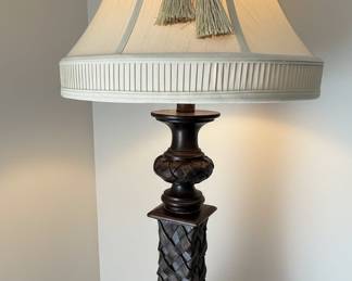 Dark Wood Carved Woven Style Table Lamp