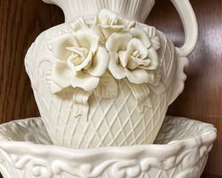 White Bisque Porcelain Pitcher and Basin Set with Rose Embellishments