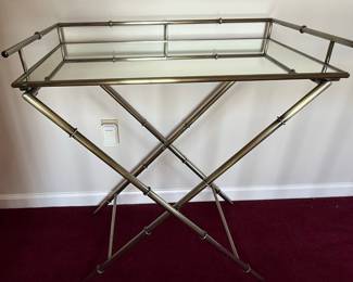 Brass Faux Bamboo Mirrored Folding Bar Cart
