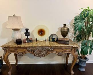 Carved French Provincial Console Table with Marble Top