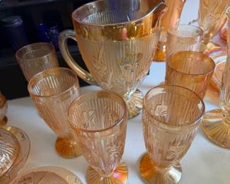 Marigold Iris and Herringbone pitcher and six footed tumblers