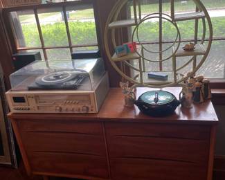 Mid century modern display wicker and 6 Dr dresser