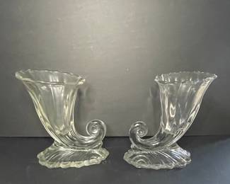Vtg Clear Glass Cornucopia Vases