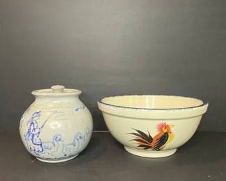 Folk Art Ceramic Jar with Lid and Hand-Painted Rooster Bowl