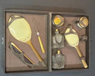 Vintage Art Deco Vanity Set with Mirror, Comb, and Perfume Bottles