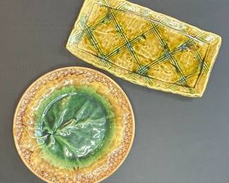 Majolica Leaf Plate and Plaid Tray