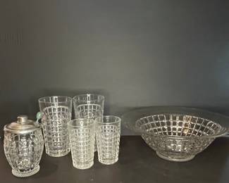 Crystal Glassware Set with Hobnail Pattern - Tumblers, Lidded Jar, and Serving Bowl