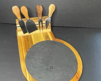 Acacia Wood and Slate Cheese Board with Knives