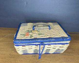 Vintage Wicker Sewing Basket with Floral Applique and Blue Stripe