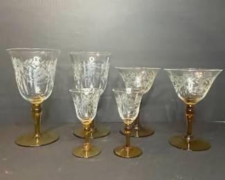 Vintage Etched Floral Stemware with Amber Stems