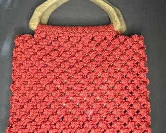 Vintage Coral Red Macrame Handbag with Wooden Handles
