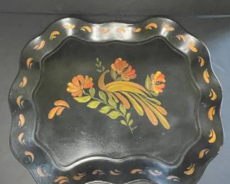 Vintage Hand-Painted Floral and Bird Toleware Tray