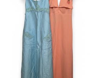 Vintage Women's Dresses: Blue Embroidered Linen Blend & Coral Strawberry Maxi Dress