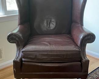 Brown Leather Wingback Armchair with Studded Accents 