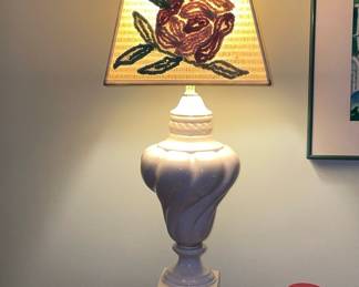 Vintage Ceramic Twisted Table Lamp with Embroidered Rose Shade