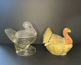 Vintage Glass Turkey Candy Dish and Ceramic Turkey Candy Dish
