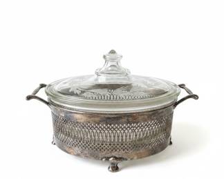 Vintage Casserole Dish with Etched Floral Lid and Silverplate Warming Stand