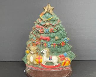 Cast Iron Christmas Tree Doorstop with Teddy Bear and Rocking Horse
