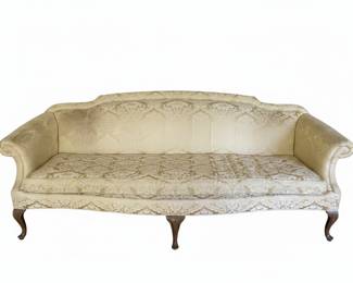 Vintage Camelback Sofa with Damask Upholstery