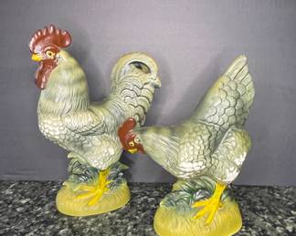 Ceramic Rooster and Hen Figurines