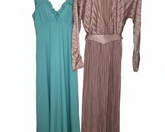 Vintage Teal Ruffled Neck Gown and Rose Gold Pleated Gown