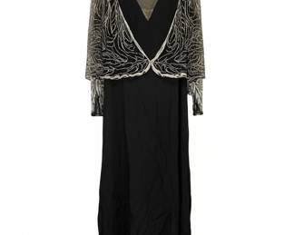 Vintage Black Beaded Chiffon Gown with Sheer Embellished Overlay