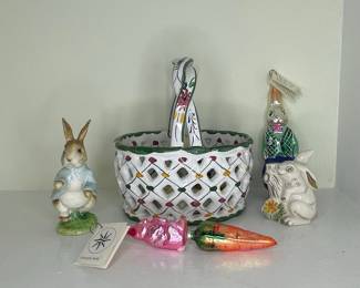 Christopher Radko Peter Rabbit Figurine, Ceramic Easter Basket, and Vintage-Style Glass Ornaments