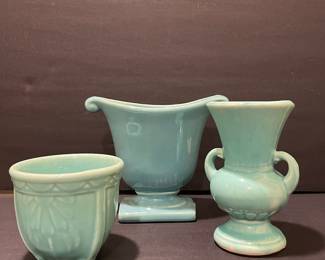 Vintage McCoy Pottery Turquoise Ceramic Vases and Planter Set
