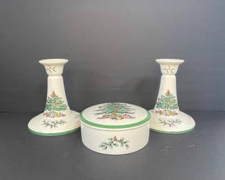 Spode Christmas Tree Candlestick and Trinket Box Set
