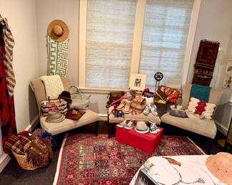 Pair of Baker chairs and ottoman.