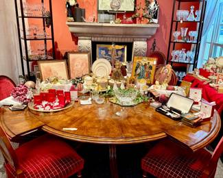 Therien round 64” to 76” dining table with removable edge. Eight Baker chairs 