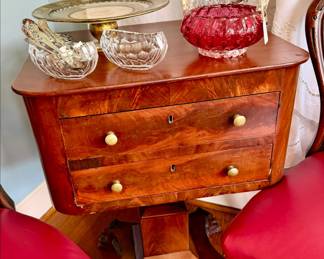 antique empire flame mahogany two drawer side table.