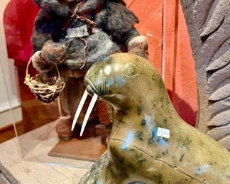 Inuit soapstone seal, large eskimo with real fur